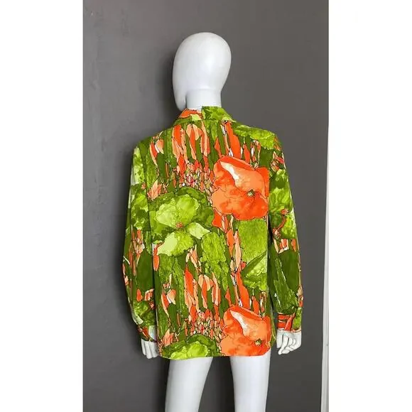 1960's MOD Watercolor Floral Avocado Green + Orange Shirt Dagger Collar Large - Picture 5 of 9